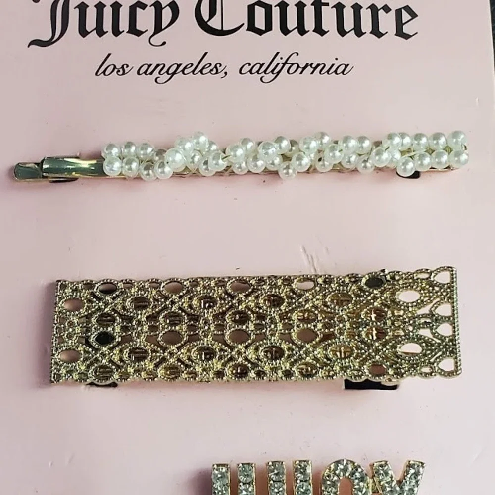 Juicy Couture 3pc Hair Clip Set Gold Tone Faux Pearl Rhinestone Logo New Bling